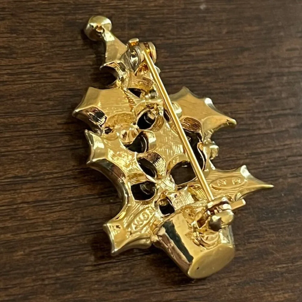Avon Holly Berry Christmas Tree Brooch Pin Glitter Enamel & Rhinestones